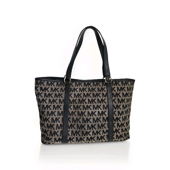 Michael Kors Black / Khaki Jet Set Signature Jacquard  Large Summer Tote Bag - Picture 1 of 9